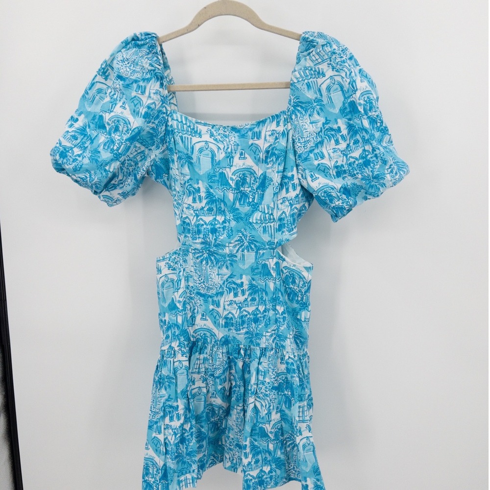 Lilly Pulitzer Blue Cottagecore Linen Puff Sleeve Cut Out Mini Dress Size 6